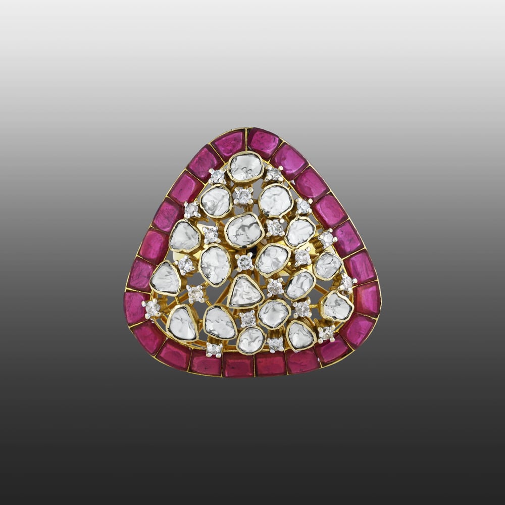 Triangular Polki Ring with Red Talaf and Diamond Cluster